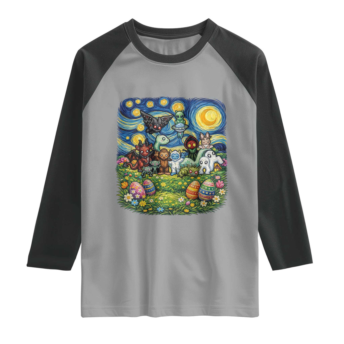 Funny Cryptid Starry Night Easter Raglan Shirt Monster Lover Gift TS12 Sport Gray Black Print Your Wear
