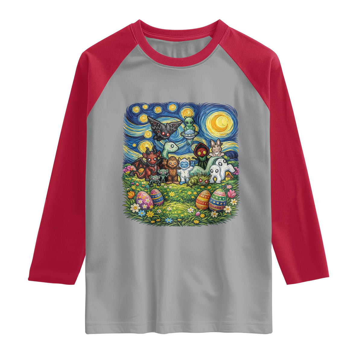 Funny Cryptid Starry Night Easter Raglan Shirt Monster Lover Gift TS12 Sport Gray Red Print Your Wear