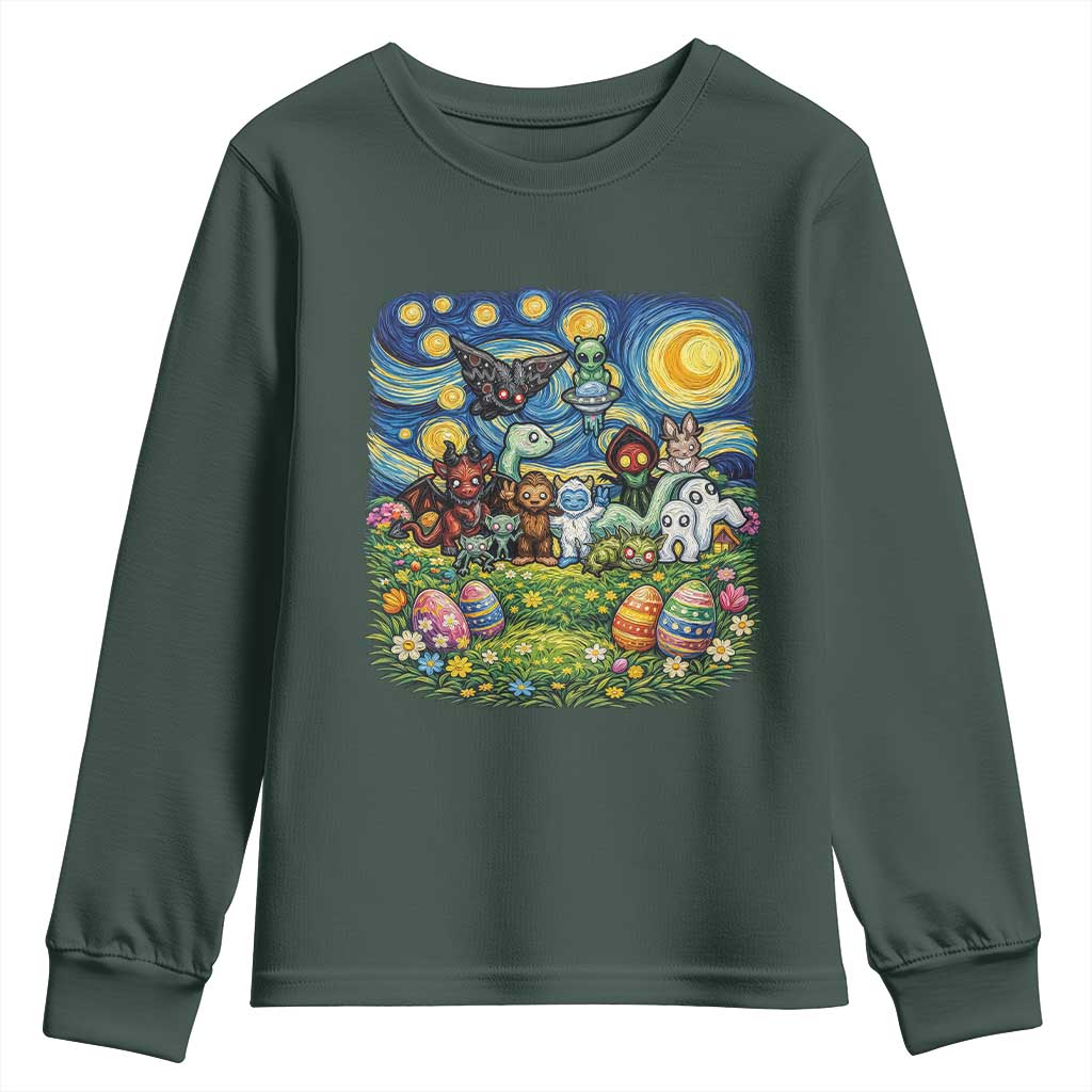Funny Cryptid Starry Night Easter Youth Sweatshirt Monster Lover Gift TS12 Dark Forest Green Print Your Wear