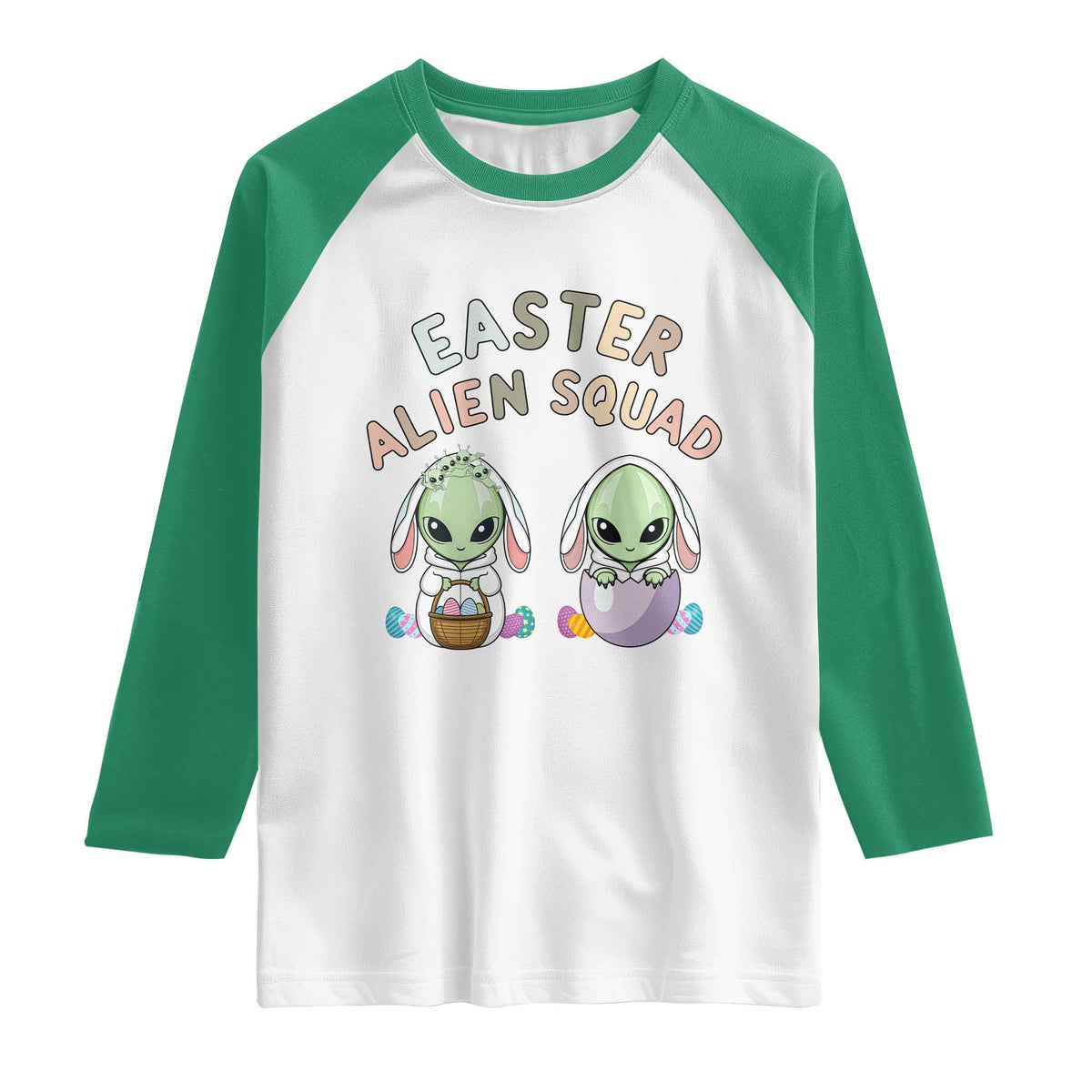 Funny Easter Alien Squad Bunny Ears Gift Raglan Shirt TS12 White Kelly Green Print Your Wear
