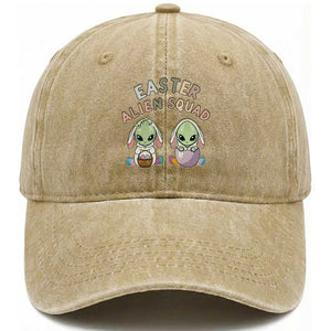 Funny Easter Alien Squad Bunny Ears Gift Washed Cotton Baseball Cap TS12 Washed Cap Universal Fit Khaki Print Your Wear