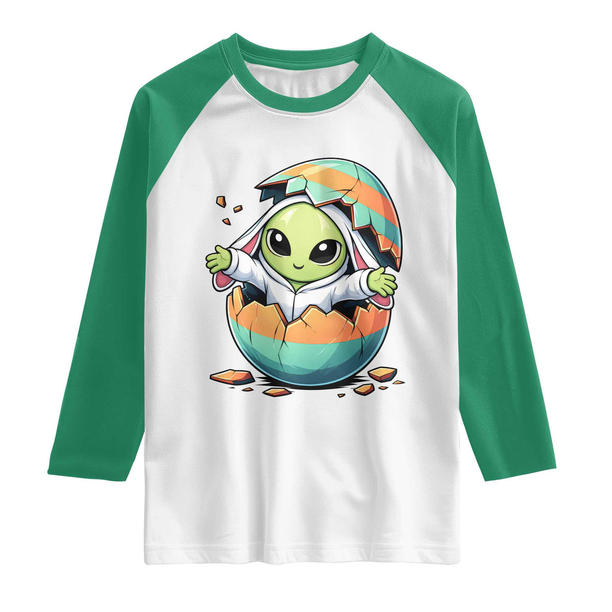 Funny Alien Bunny Ears Easter Raglan Shirt Extraterrestrial Gift TS12 White Kelly Green Print Your Wear