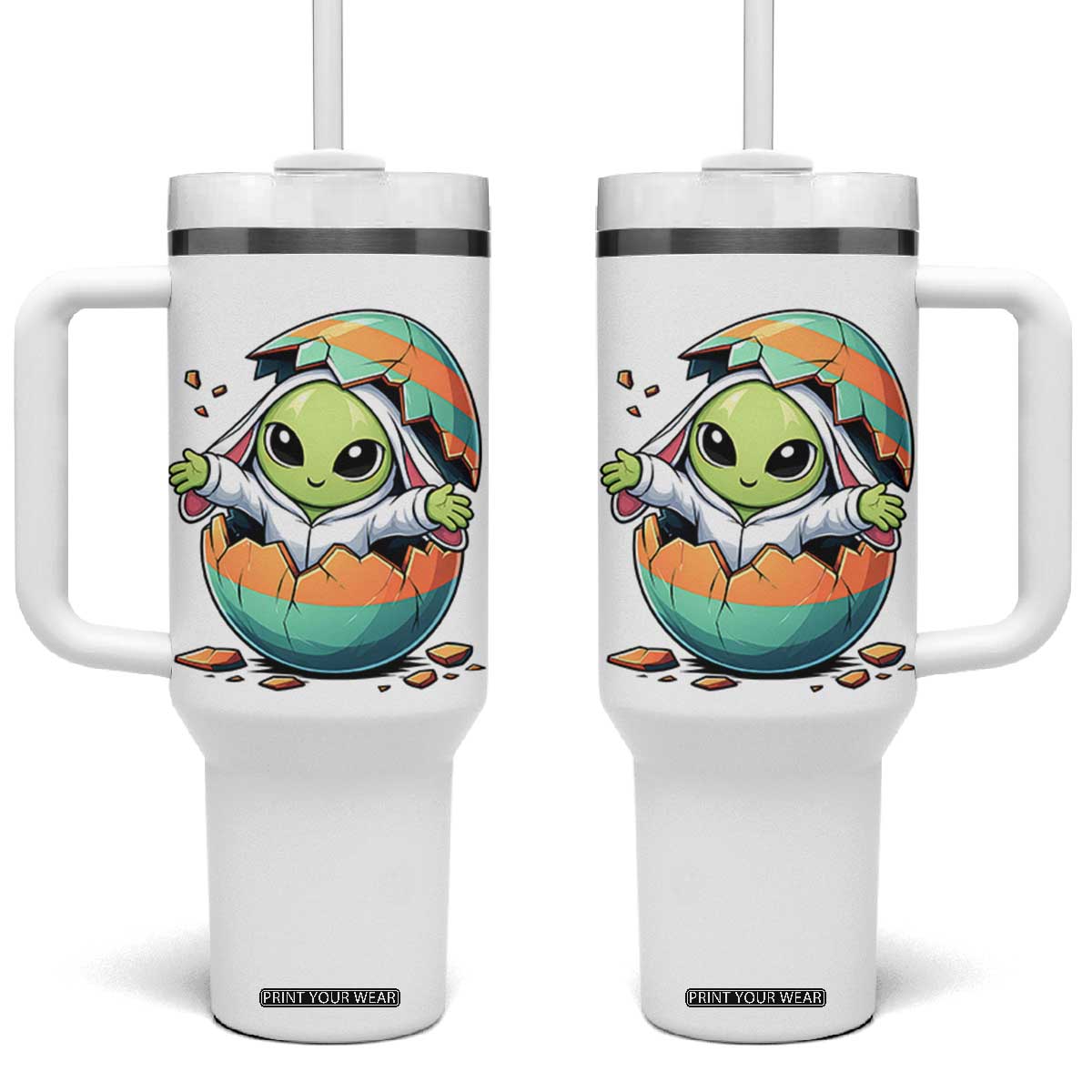 Funny Alien Bunny Ears Easter Tumbler With Handle Extraterrestrial Gift TS12 One Size: 40 oz White Print Your Wear