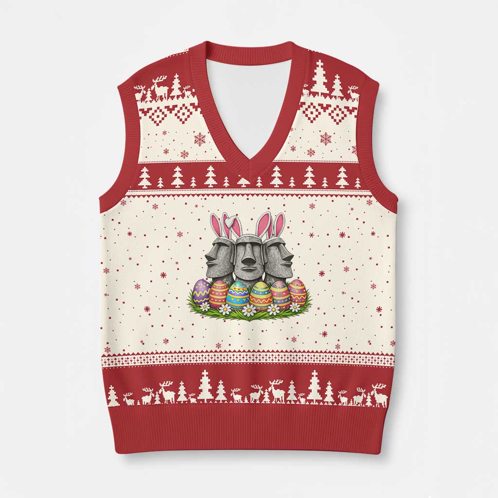 Easter Island Moai Bunny Ears V-Neck Knit Sweater Vest Funny Archaeology Gift TS12 Beige Red Print Your Wear