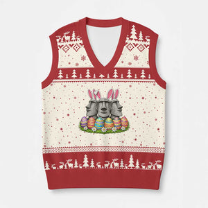 Easter Island Moai Bunny Ears V-Neck Knit Sweater Vest Funny Archaeology Gift TS12 Beige Red Print Your Wear