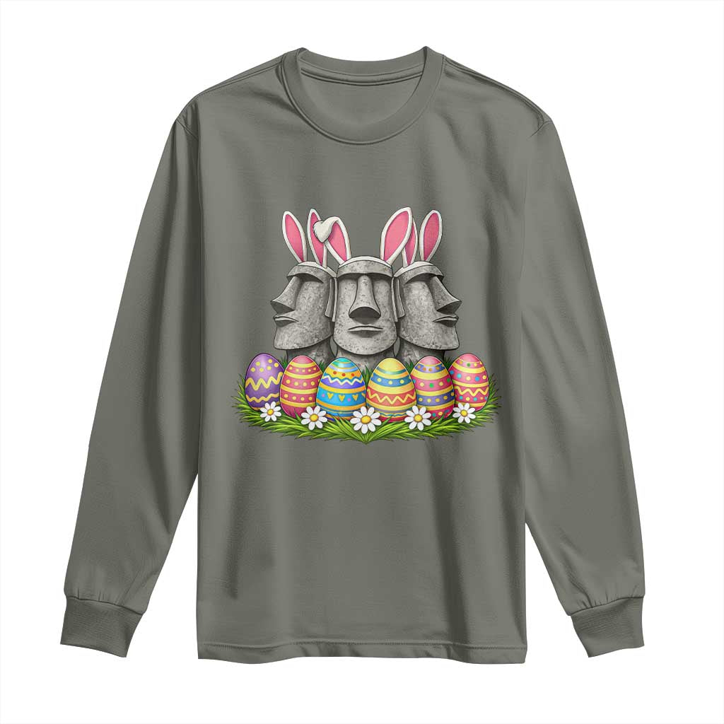 Easter Island Moai Bunny Ears Long Sleeve Shirt Funny Archaeology Gift TS12 Military Green Print Your Wear