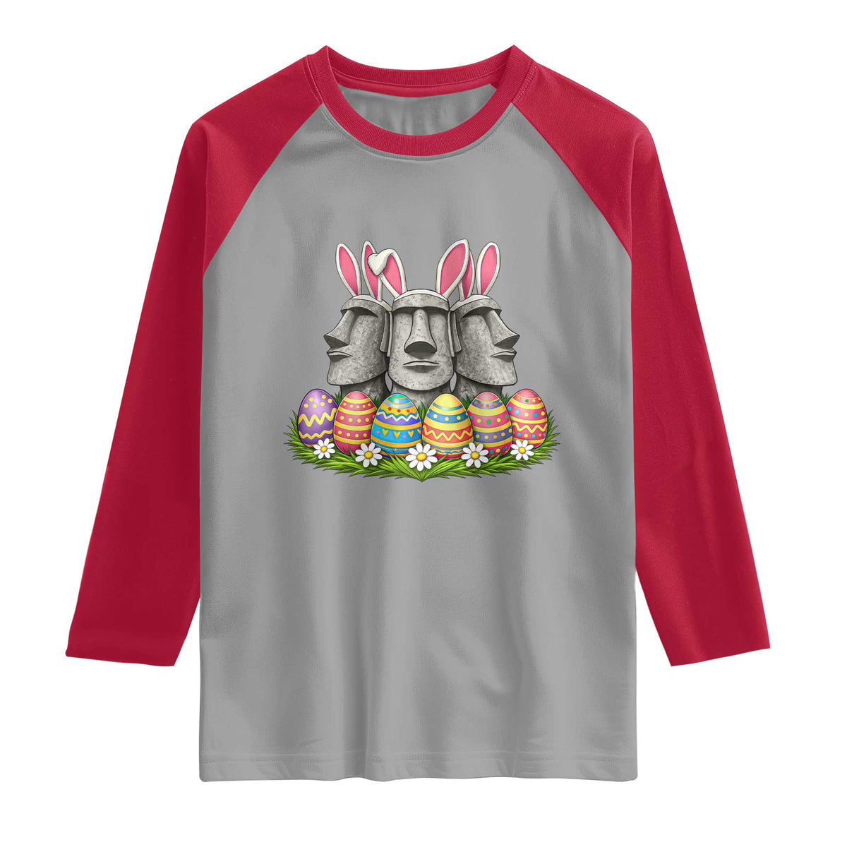 Easter Island Moai Bunny Ears Raglan Shirt Funny Archaeology Gift TS12 Sport Gray Red Print Your Wear