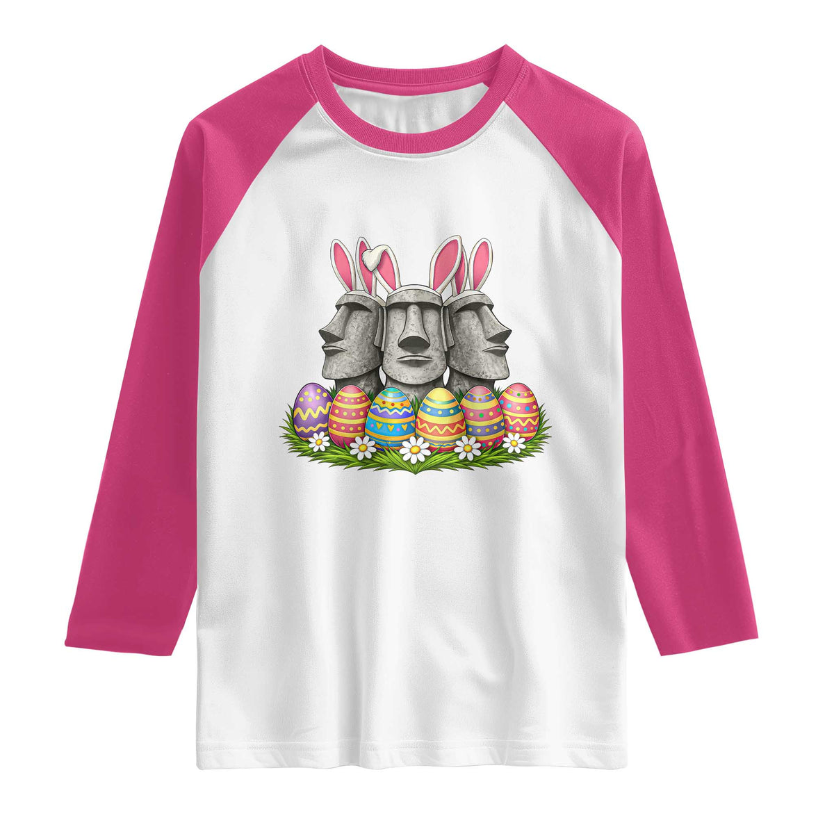 Easter Island Moai Bunny Ears Raglan Shirt Funny Archaeology Gift TS12 White Heliconia Print Your Wear