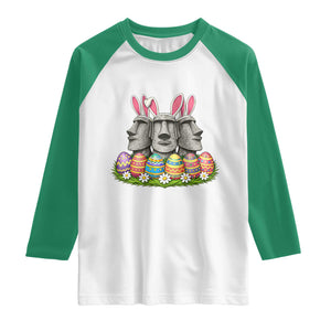 Easter Island Moai Bunny Ears Raglan Shirt Funny Archaeology Gift TS12 White Kelly Green Print Your Wear