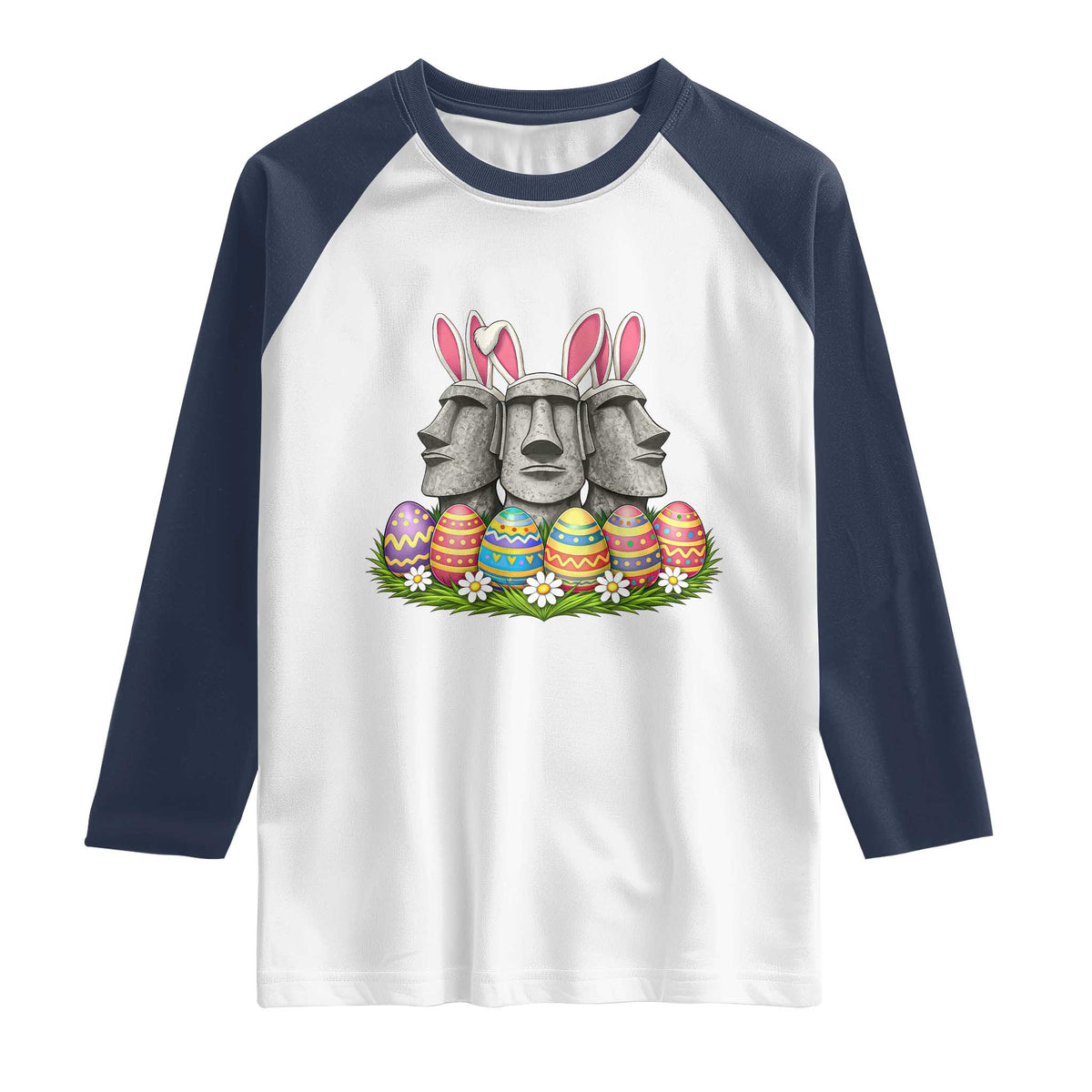 Easter Island Moai Bunny Ears Raglan Shirt Funny Archaeology Gift TS12 White Navy Print Your Wear