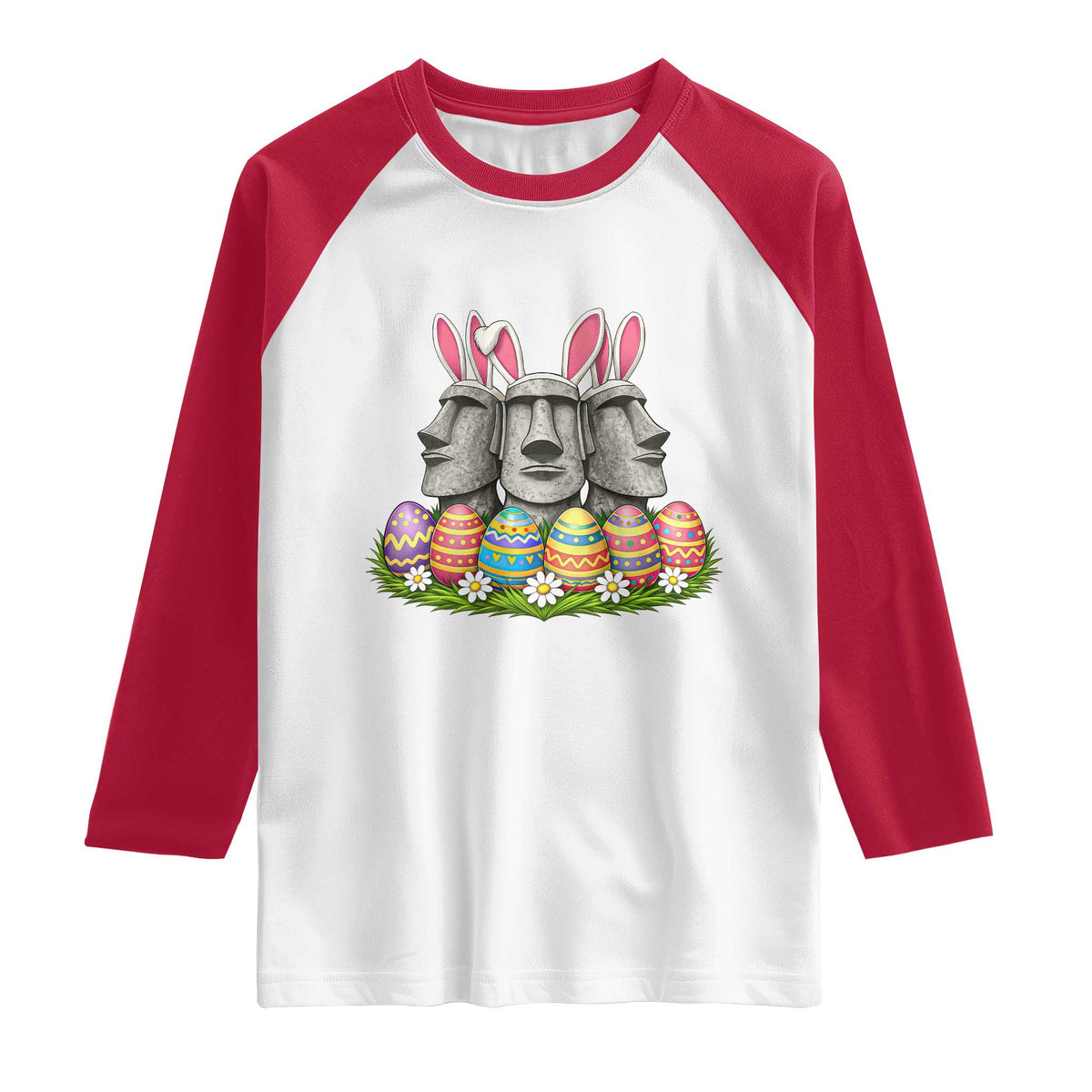 Easter Island Moai Bunny Ears Raglan Shirt Funny Archaeology Gift TS12 White Red Print Your Wear