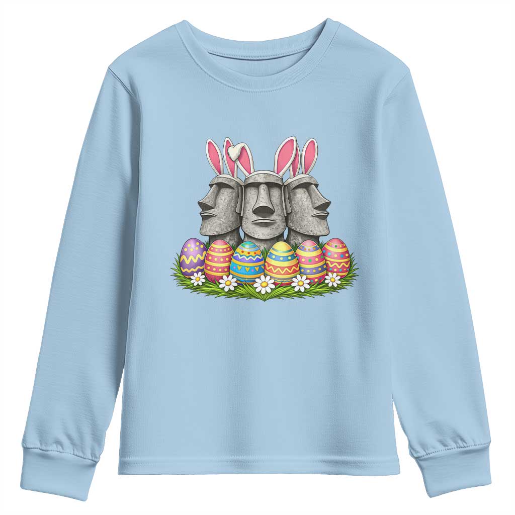 Easter Island Moai Bunny Ears Youth Sweatshirt Funny Archaeology Gift TS12 Light Blue Print Your Wear