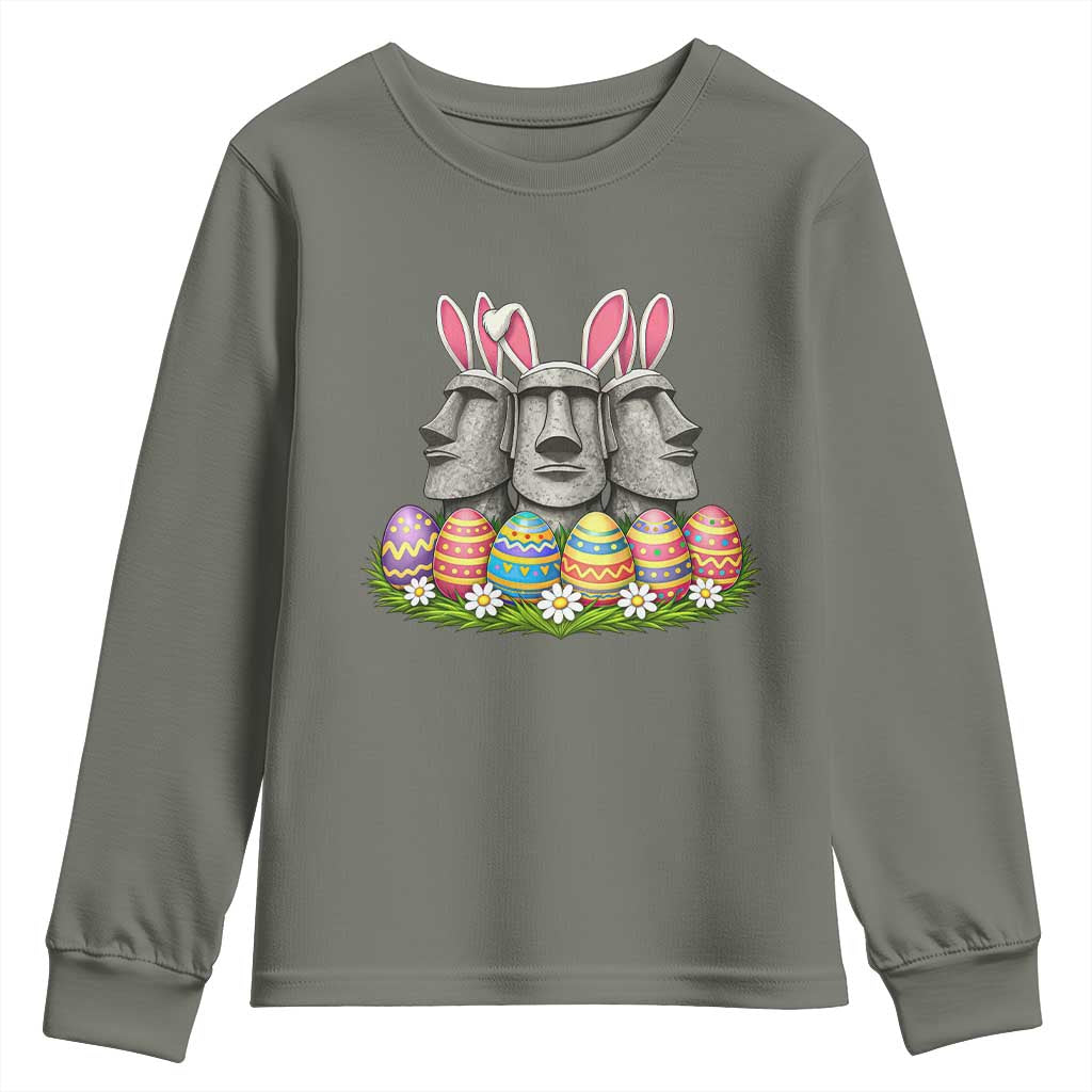Easter Island Moai Bunny Ears Youth Sweatshirt Funny Archaeology Gift TS12 Military Green Print Your Wear