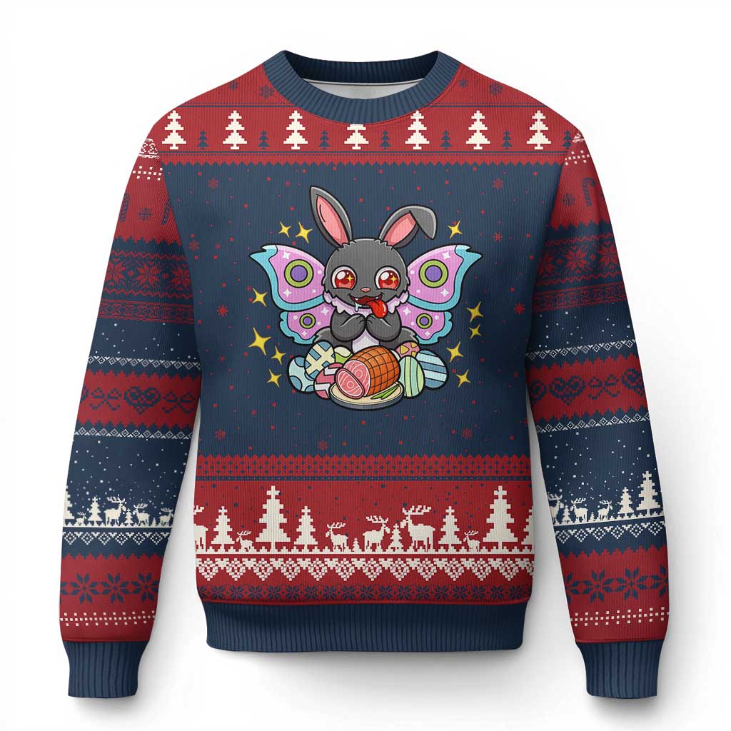 Funny Easter Bunny Mothman Loves Glazed Ham Ugly Christmas Sweater TS12 Navy Red Print Your Wear