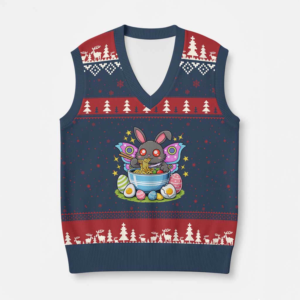 Funny Easter Mothman Eating Ramen V-Neck Knit Sweater Vest Cryptid Lover Gift TS12 Navy Red Print Your Wear