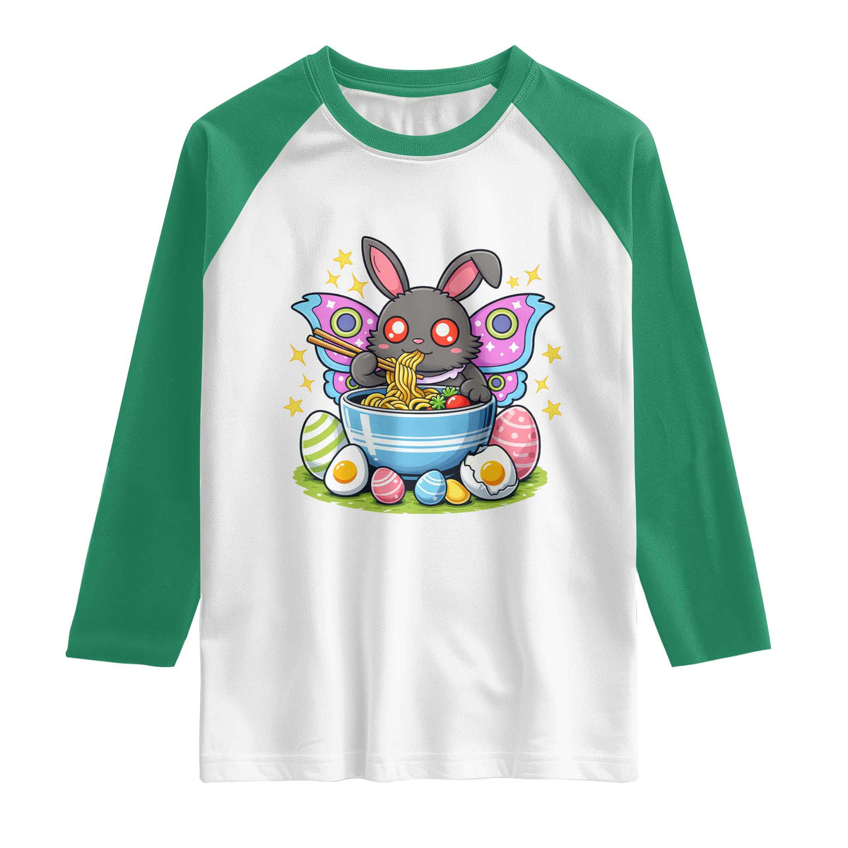 Funny Easter Mothman Eating Ramen Raglan Shirt Cryptid Lover Gift TS12 White Kelly Green Print Your Wear