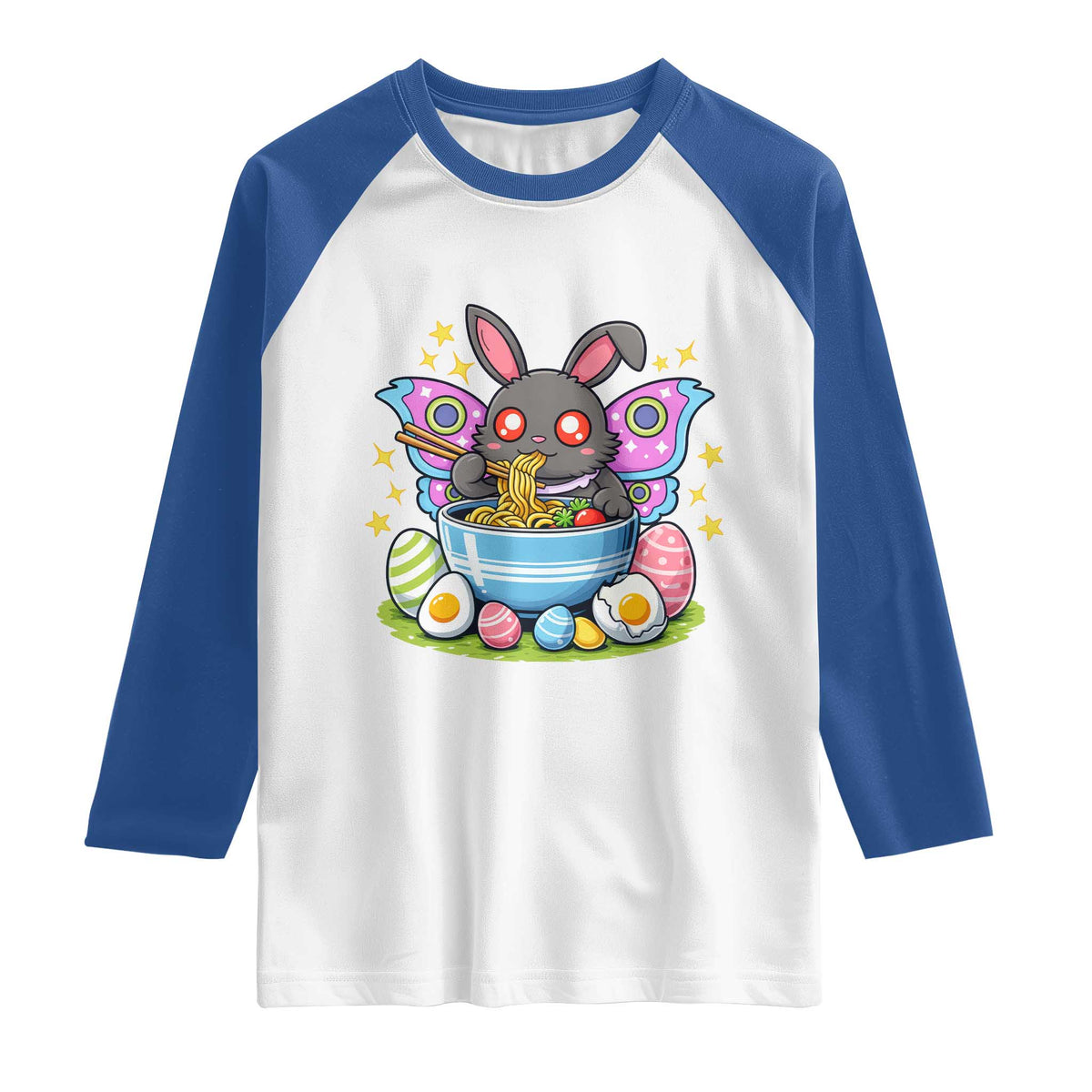 Funny Easter Mothman Eating Ramen Raglan Shirt Cryptid Lover Gift TS12 White Royal Print Your Wear