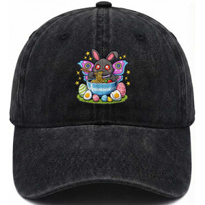 Funny Easter Mothman Eating Ramen Washed Cotton Baseball Cap Cryptid Lover Gift TS12 Washed Cap Universal Fit Black Print Your Wear