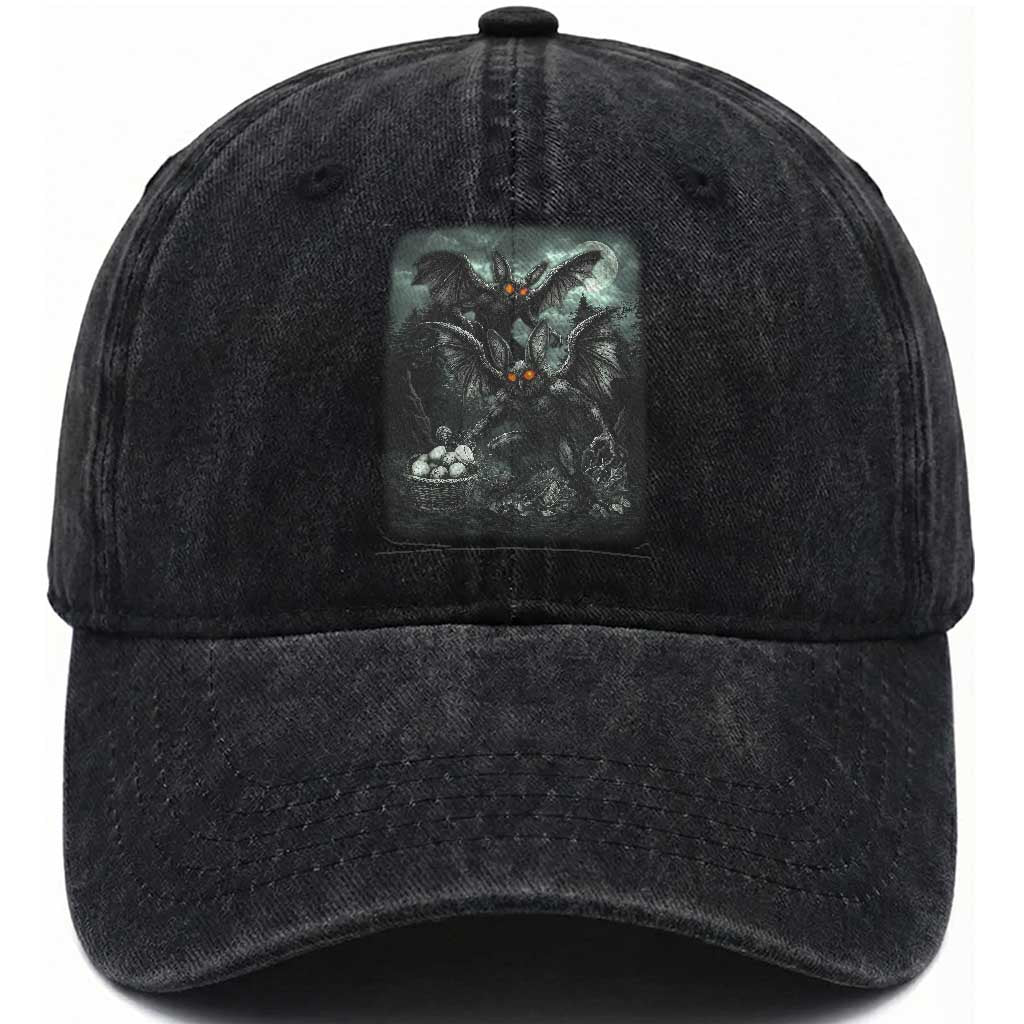 Vintage Horror Mothman Easter Washed Cotton Baseball Cap Folklore Monster Lover Gift TS12 Washed Cap Universal Fit Black Print Your Wear