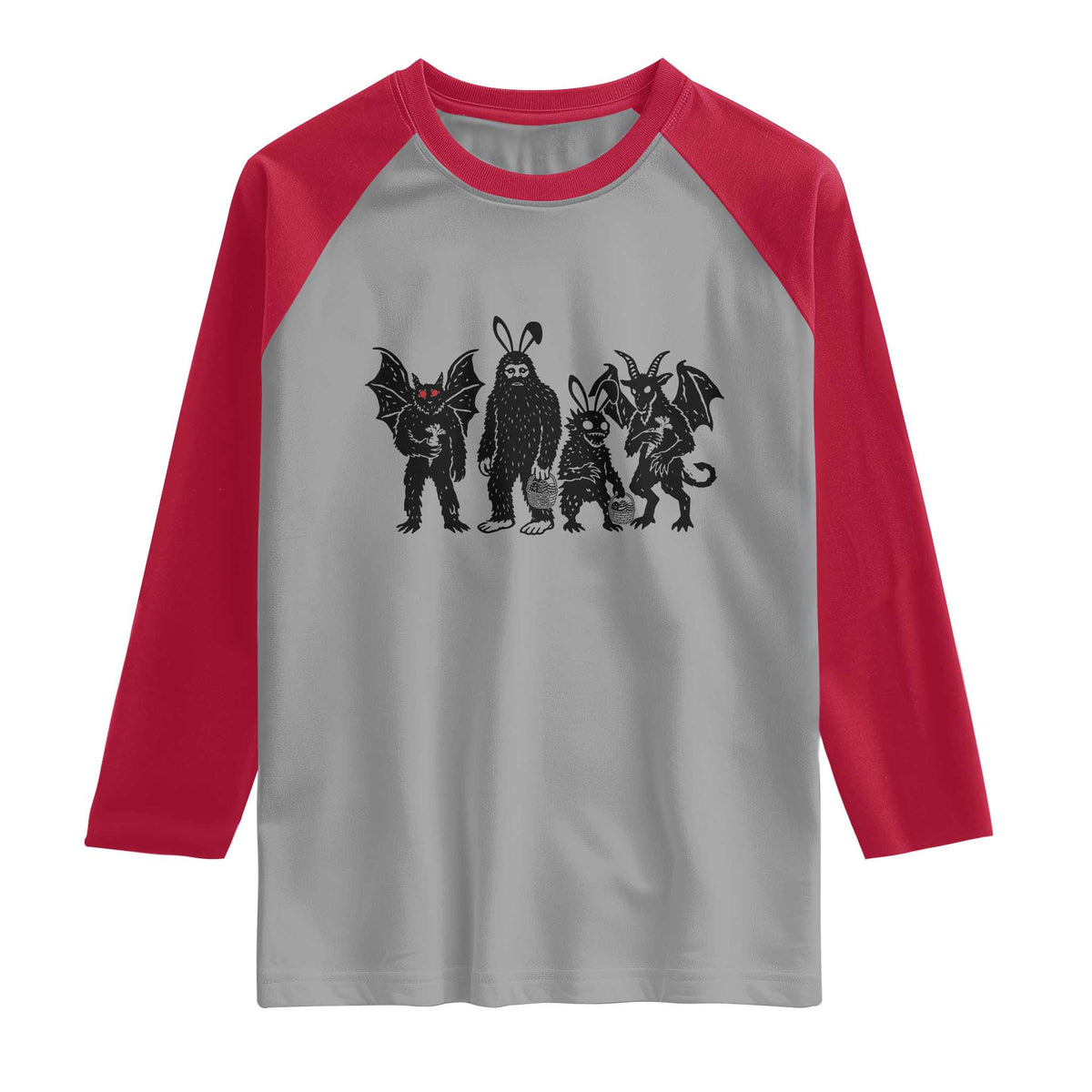 Funny Easter Cryptid Squad Raglan Shirt Bigfoot Mothman Jersey Devil Chupacabra Gift TS12 Sport Gray Red Print Your Wear