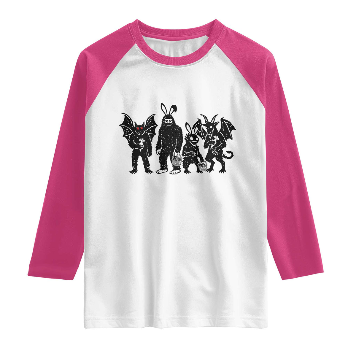 Funny Easter Cryptid Squad Raglan Shirt Bigfoot Mothman Jersey Devil Chupacabra Gift TS12 White Heliconia Print Your Wear