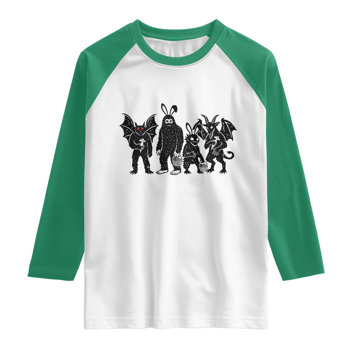 Funny Easter Cryptid Squad Raglan Shirt Bigfoot Mothman Jersey Devil Chupacabra Gift TS12 White Kelly Green Print Your Wear