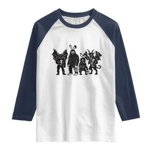 Funny Easter Cryptid Squad Raglan Shirt Bigfoot Mothman Jersey Devil Chupacabra Gift TS12 White Navy Print Your Wear