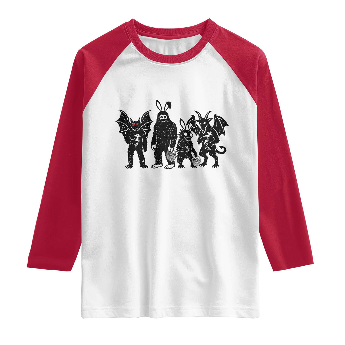 Funny Easter Cryptid Squad Raglan Shirt Bigfoot Mothman Jersey Devil Chupacabra Gift TS12 White Red Print Your Wear