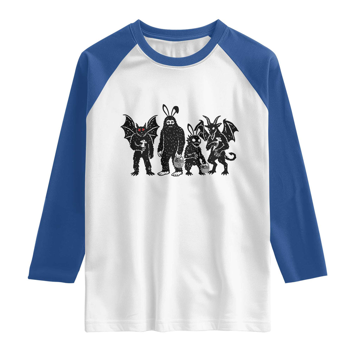 Funny Easter Cryptid Squad Raglan Shirt Bigfoot Mothman Jersey Devil Chupacabra Gift TS12 White Royal Print Your Wear