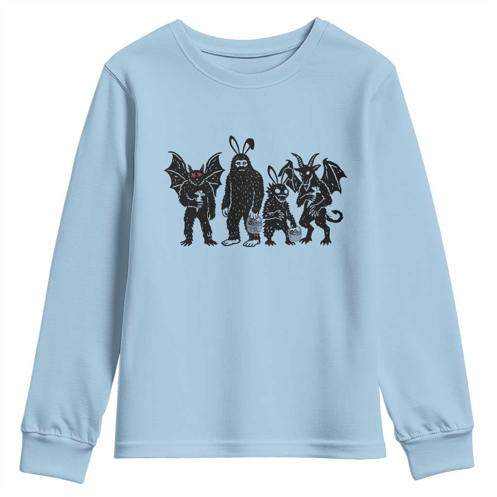 Funny Easter Cryptid Squad Youth Sweatshirt Bigfoot Mothman Jersey Devil Chupacabra Gift TS12 Light Blue Print Your Wear