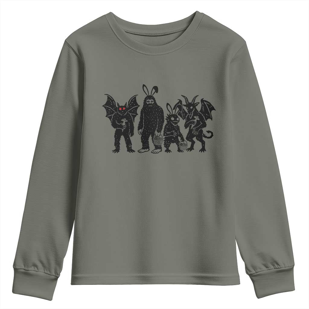 Funny Easter Cryptid Squad Youth Sweatshirt Bigfoot Mothman Jersey Devil Chupacabra Gift TS12 Military Green Print Your Wear