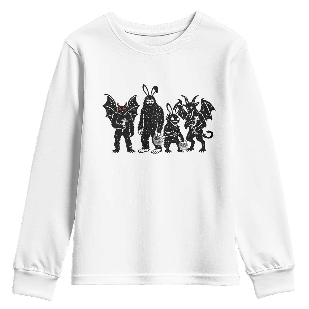 Funny Easter Cryptid Squad Youth Sweatshirt Bigfoot Mothman Jersey Devil Chupacabra Gift TS12 White Print Your Wear