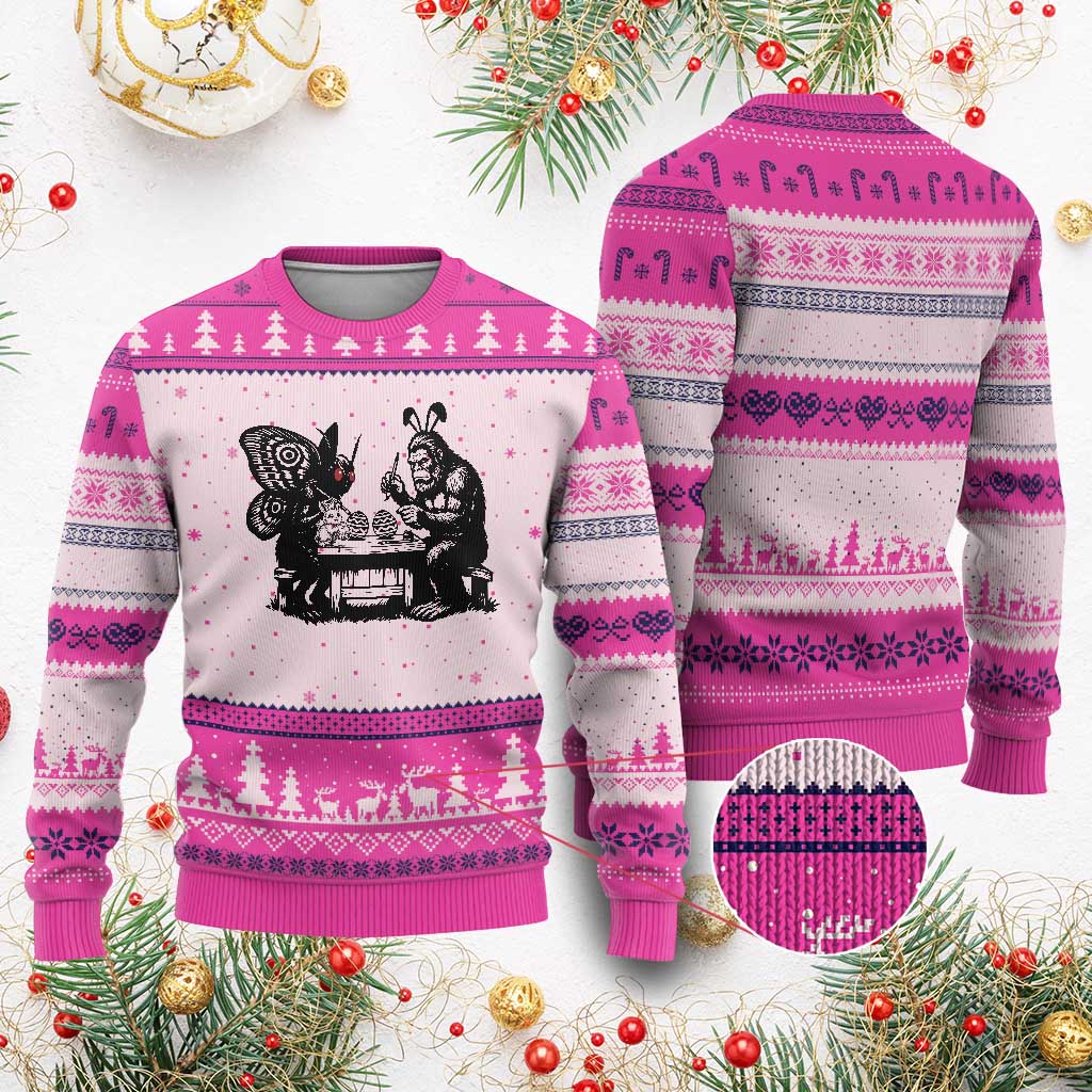 Funny Bigfoot And Mothman Egg Painting Ugly Christmas Sweater Cryptid Easter Gift TS12 Hot Pink Print Your Wear