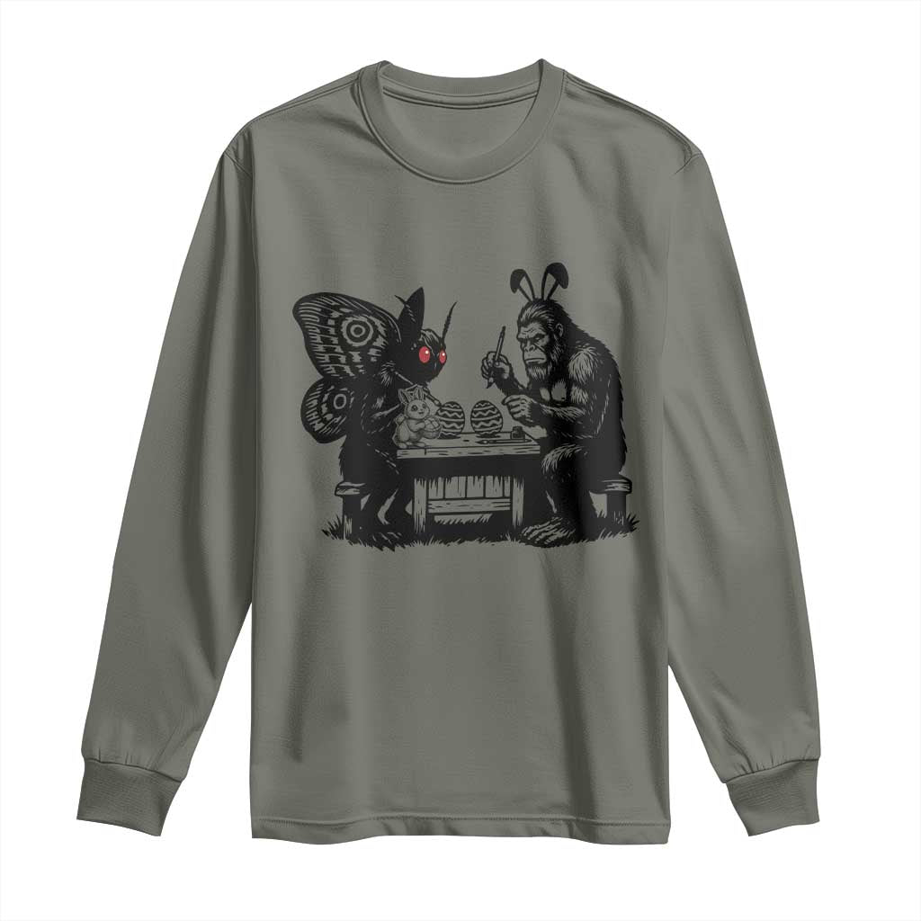 Funny Bigfoot And Mothman Egg Painting Long Sleeve Shirt Cryptid Easter Gift TS12 Military Green Print Your Wear