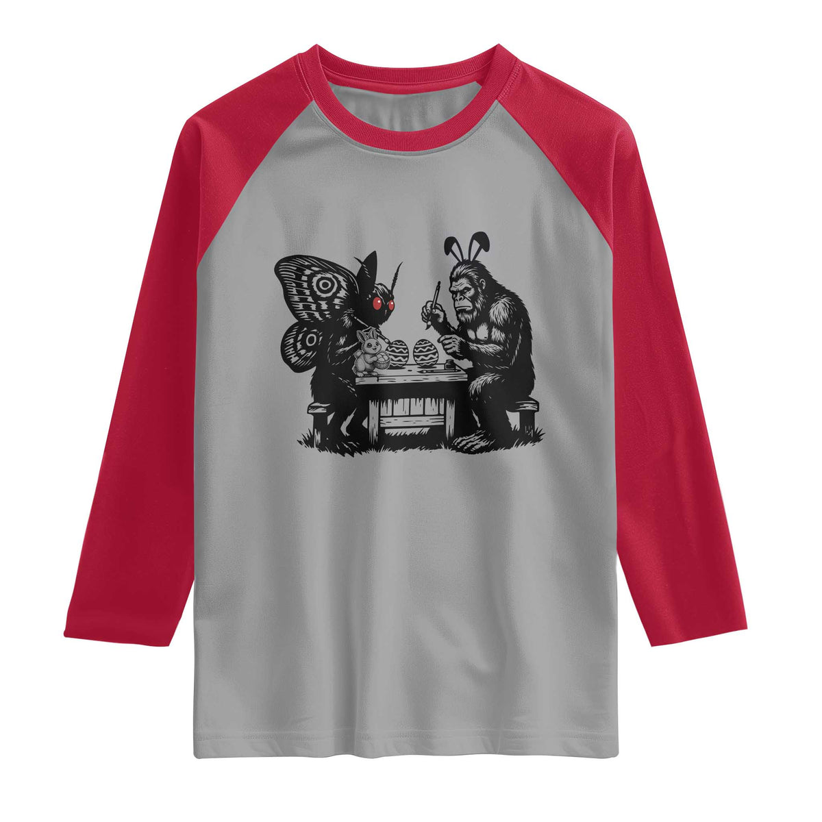 Funny Bigfoot And Mothman Egg Painting Raglan Shirt Cryptid Easter Gift TS12 Sport Gray Red Print Your Wear