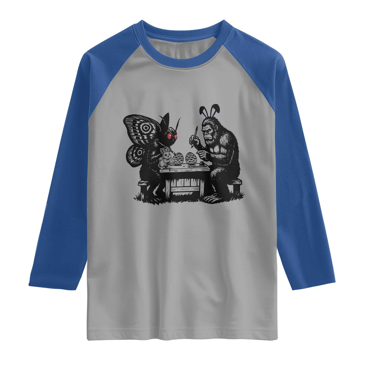 Funny Bigfoot And Mothman Egg Painting Raglan Shirt Cryptid Easter Gift TS12 Sport Gray Royal Print Your Wear