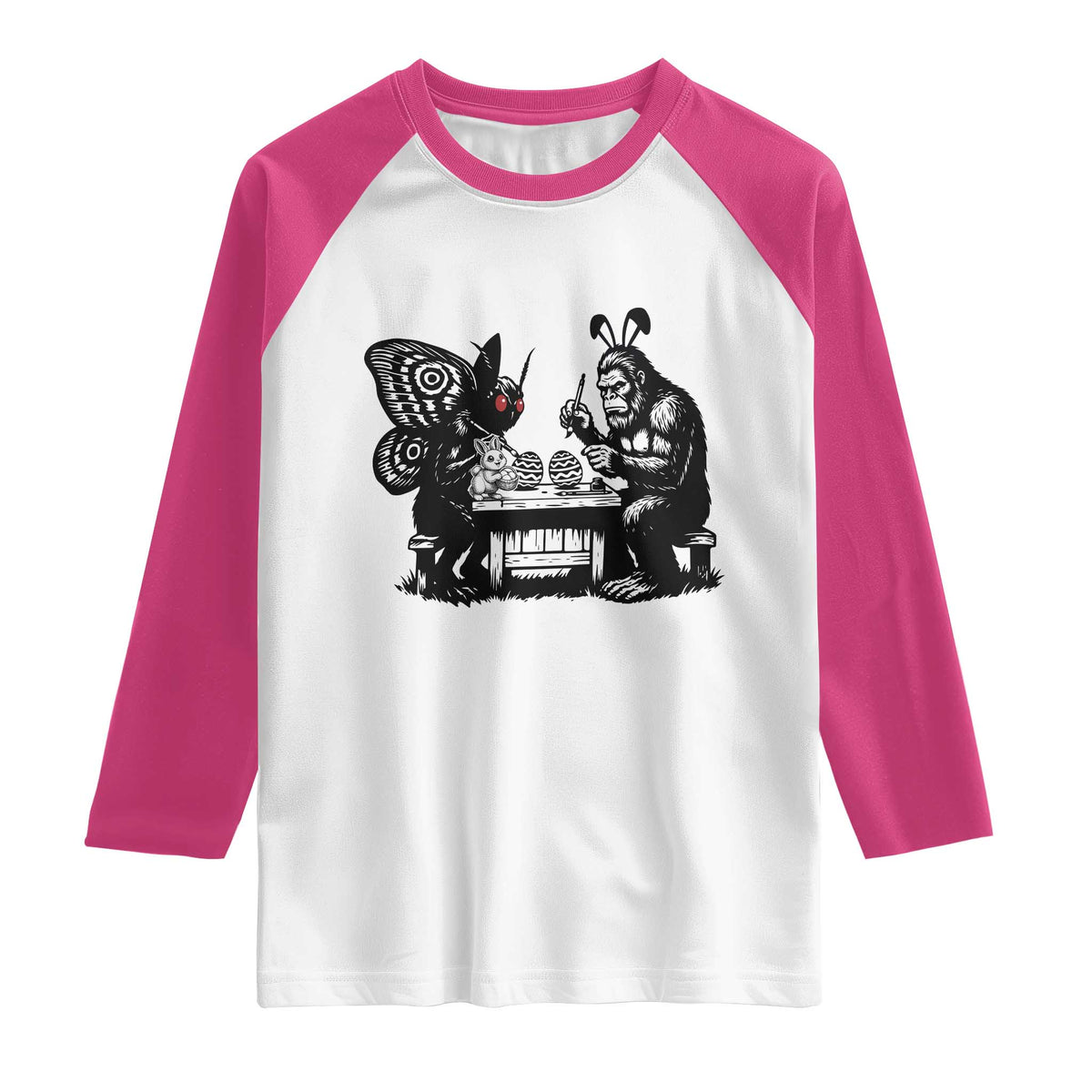 Funny Bigfoot And Mothman Egg Painting Raglan Shirt Cryptid Easter Gift TS12 White Heliconia Print Your Wear