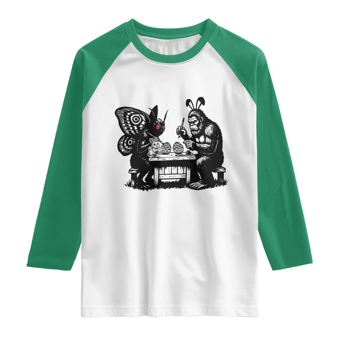 Funny Bigfoot And Mothman Egg Painting Raglan Shirt Cryptid Easter Gift TS12 White Kelly Green Print Your Wear