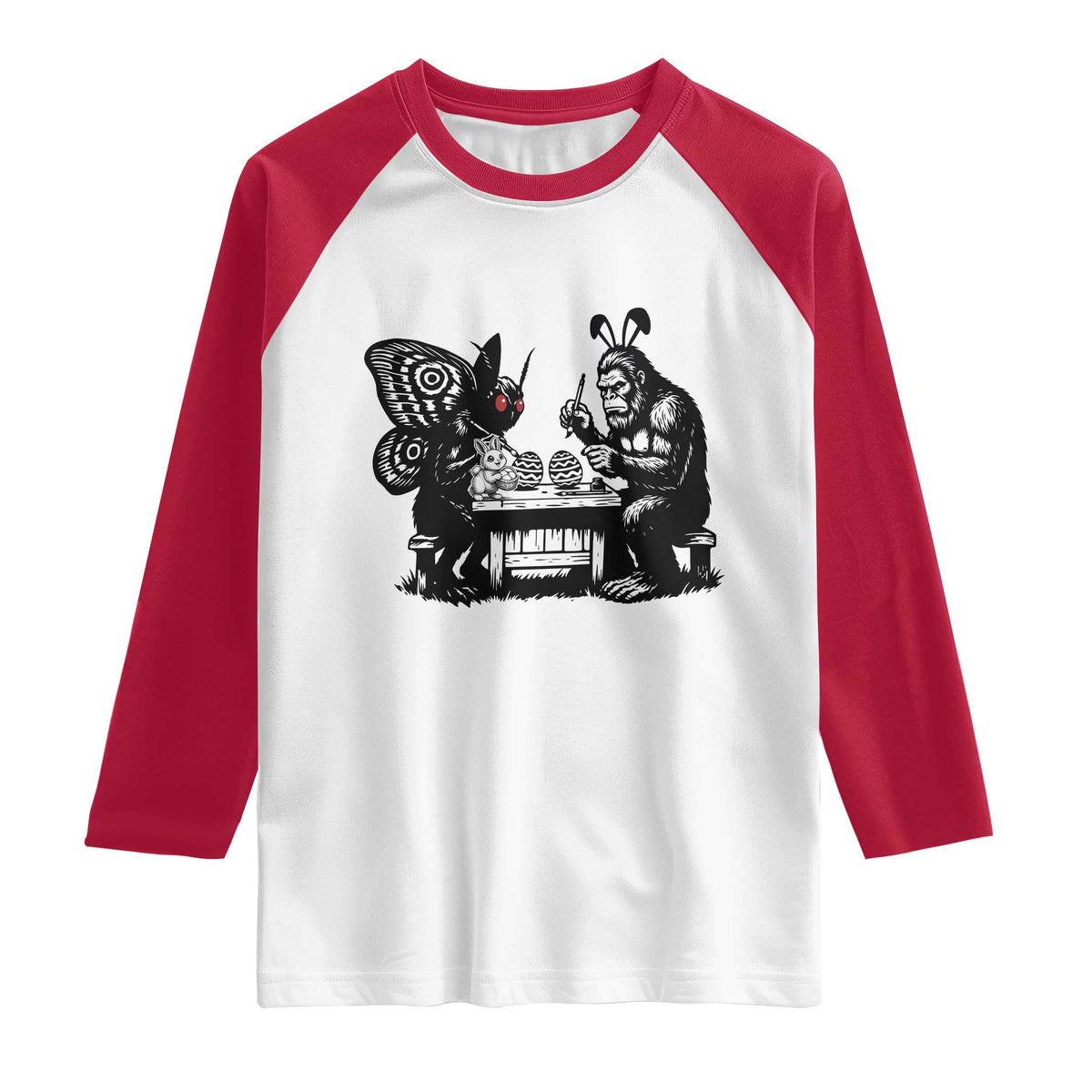 Funny Bigfoot And Mothman Egg Painting Raglan Shirt Cryptid Easter Gift TS12 White Red Print Your Wear