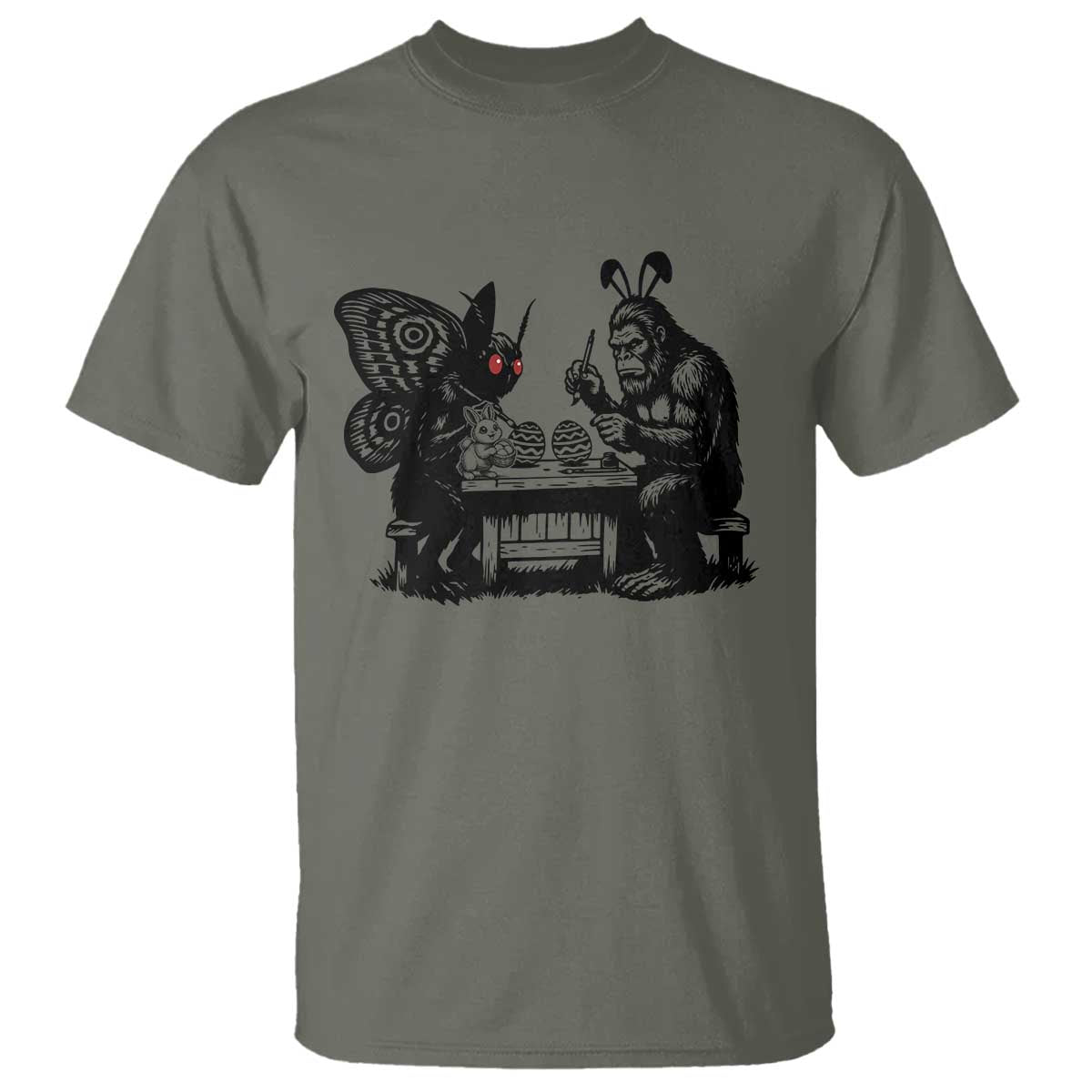 Funny Bigfoot And Mothman Egg Painting T Shirt Cryptid Easter Gift TS12 Military Green Print Your Wear