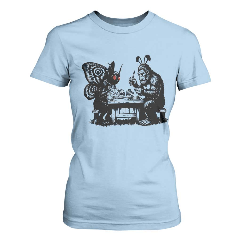 Funny Bigfoot And Mothman Egg Painting T Shirt For Women Cryptid Easter Gift TS12 Light Blue Print Your Wear