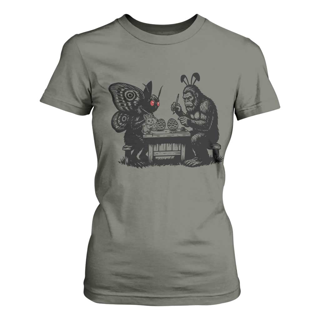 Funny Bigfoot And Mothman Egg Painting T Shirt For Women Cryptid Easter Gift TS12 Military Green Print Your Wear