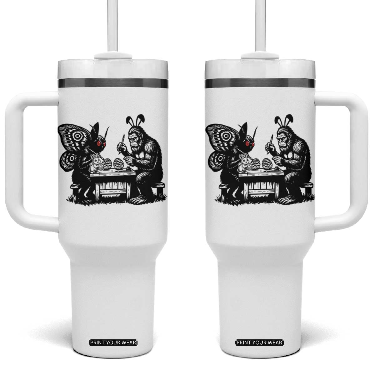 Funny Bigfoot And Mothman Egg Painting Tumbler With Handle Cryptid Easter Gift TS12 One Size: 40 oz White Print Your Wear