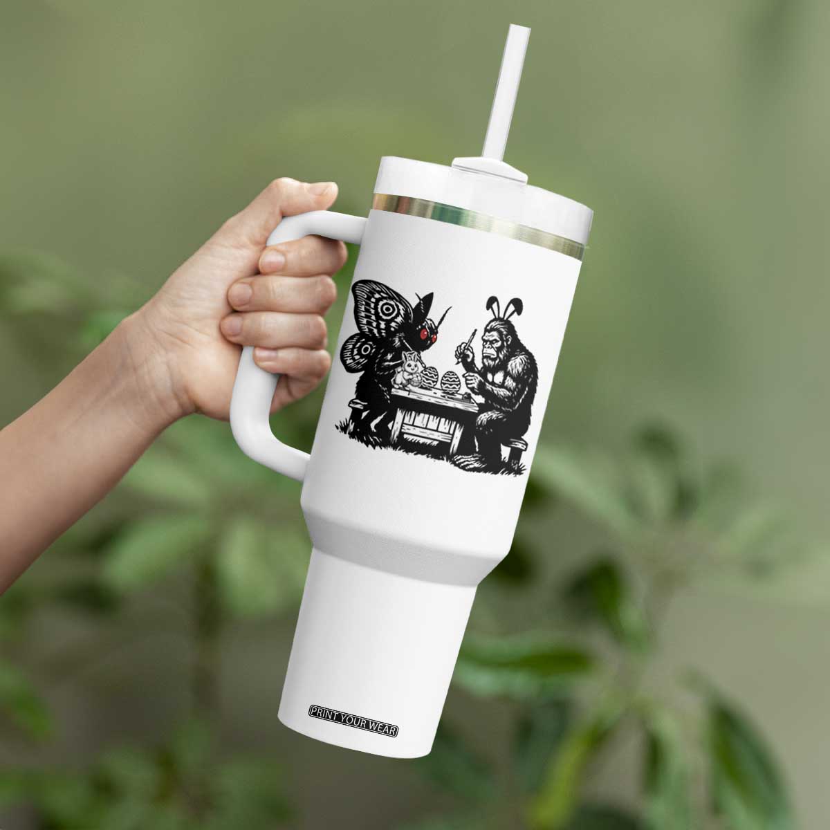 Funny Bigfoot And Mothman Egg Painting Tumbler With Handle Cryptid Easter Gift TS12 Print Your Wear