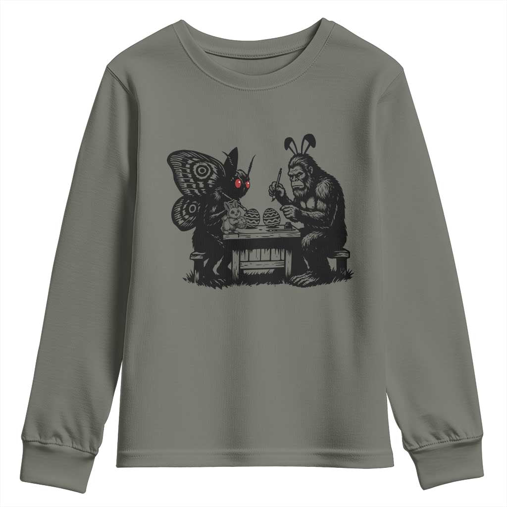 Funny Bigfoot And Mothman Egg Painting Youth Sweatshirt Cryptid Easter Gift TS12 Military Green Print Your Wear
