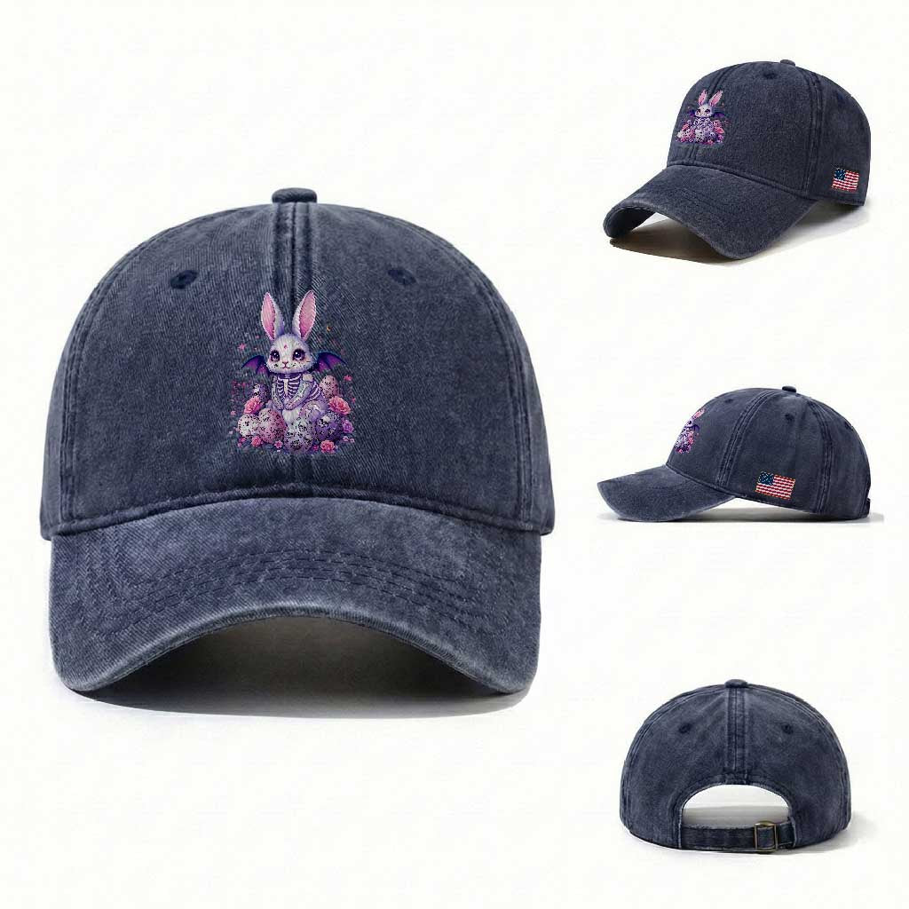 Cute Spooky Easter Bunny Washed Cotton Baseball Cap Pastel Goth Rabbit Gift TS12 Washed Cap Universal Fit Navy Print Your Wear
