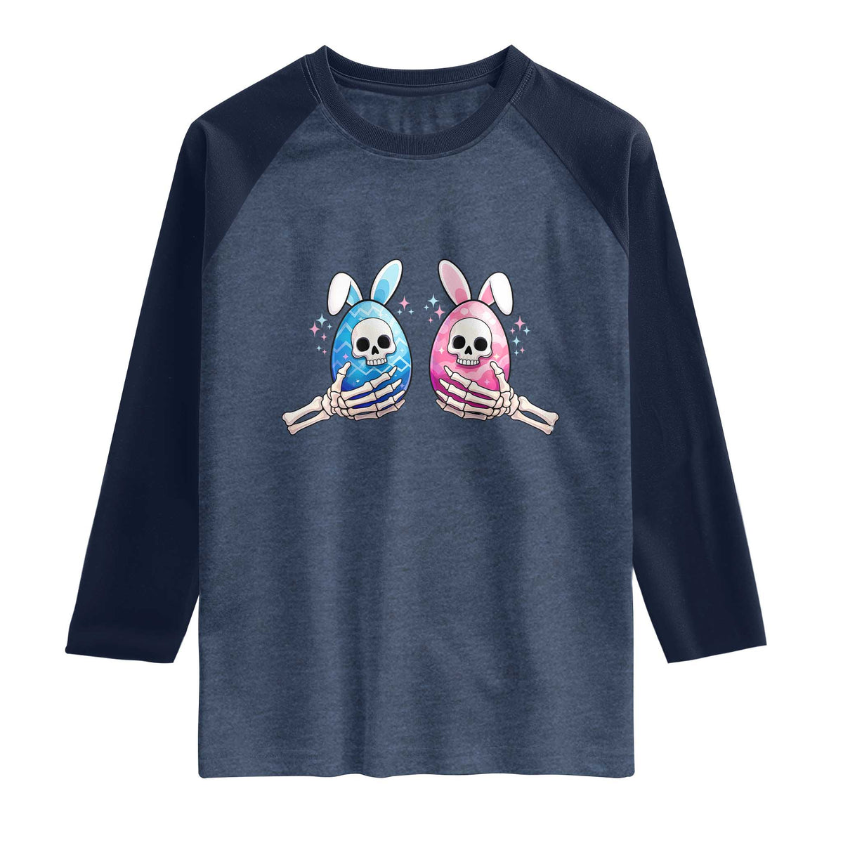 Gothic Easter Gift Raglan Shirt Skeleton Hands Holding Easter Eggs TS12 Heather Denim Navy Print Your Wear