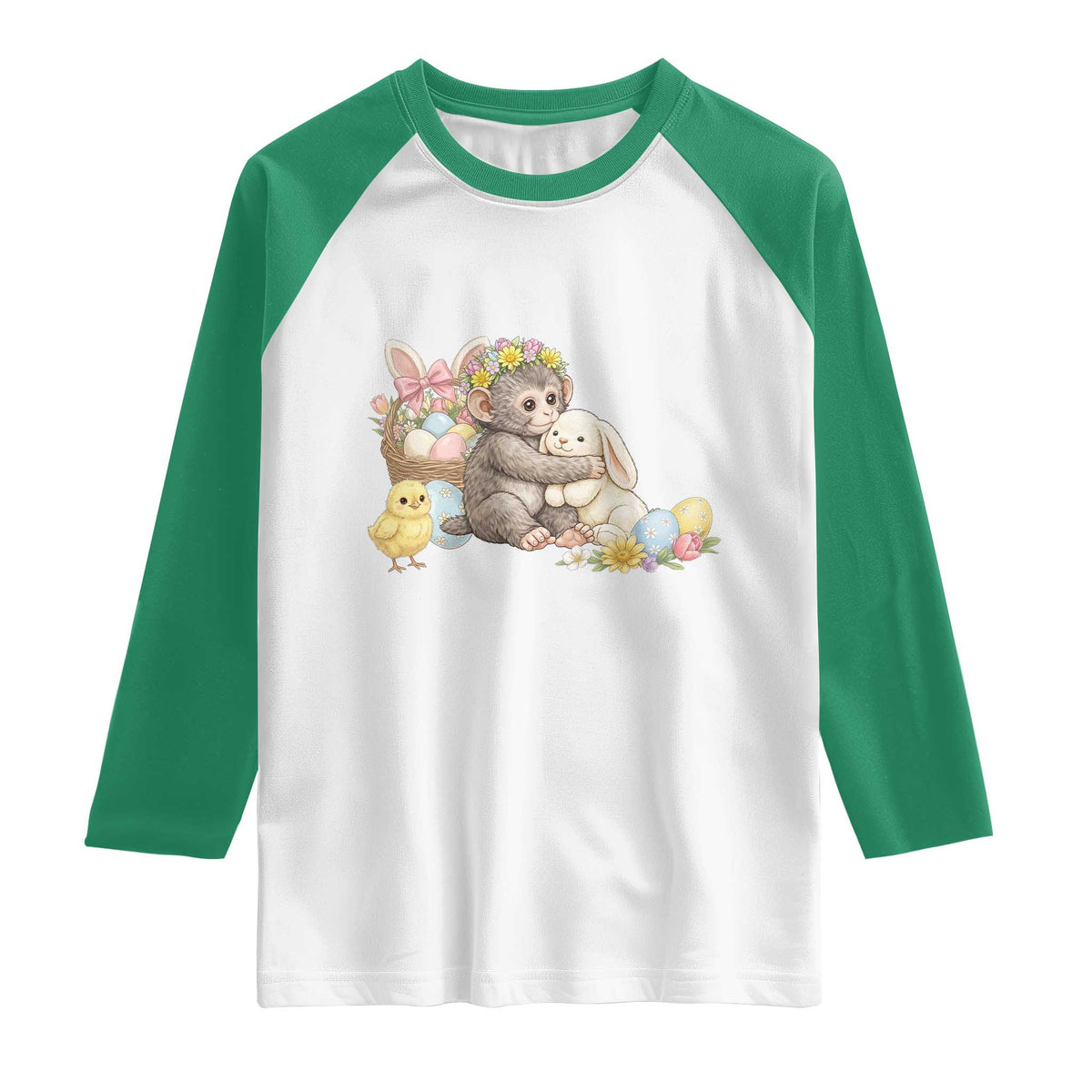 Cute Punch Baby Monkey Easter Raglan Shirt Funny Animal Gift TS12 White Kelly Green Print Your Wear