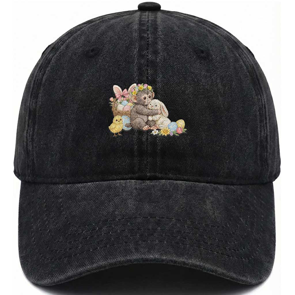 Cute Punch Baby Monkey Easter Washed Cotton Baseball Cap Funny Animal Gift TS12 Washed Cap Universal Fit Black Print Your Wear