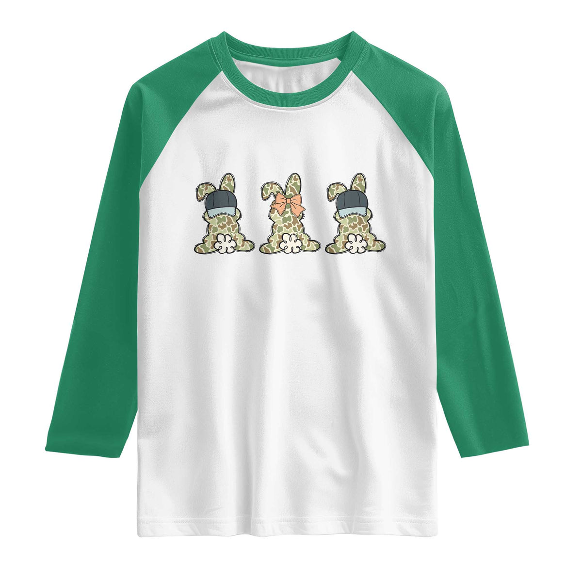 Camo Easter Bunny Raglan Shirt Funny Hunter Easter Gift TS12 White Kelly Green Print Your Wear